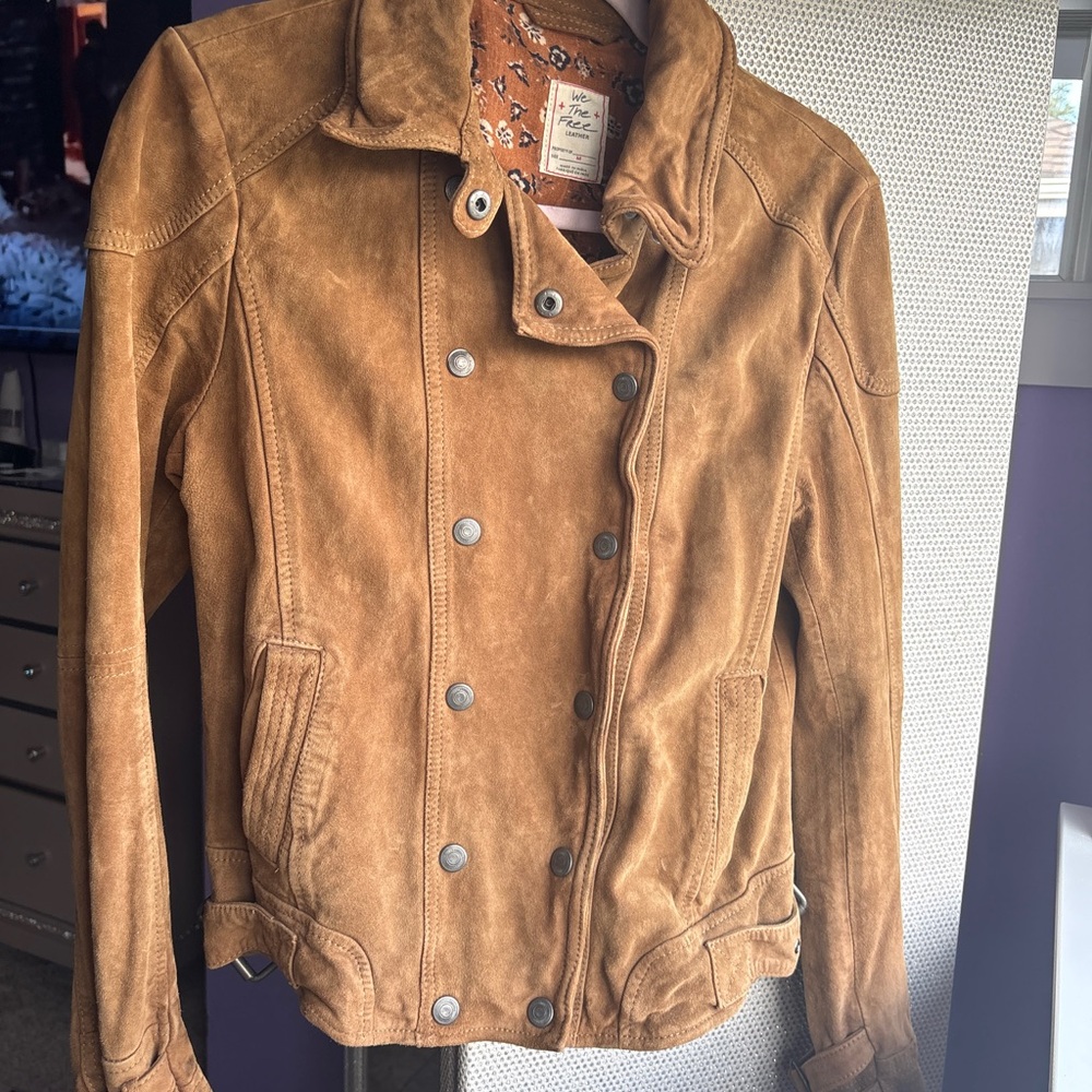 Free People Suede Double-Breasted Jacket in Camel Brown